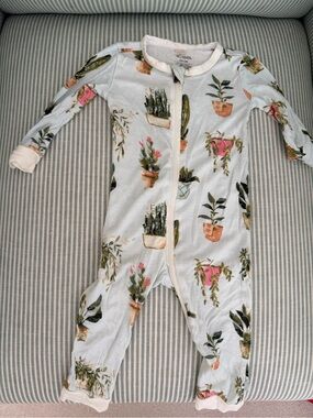 Milkbarn Light Blue Baby Footie with Potted Plant Print
